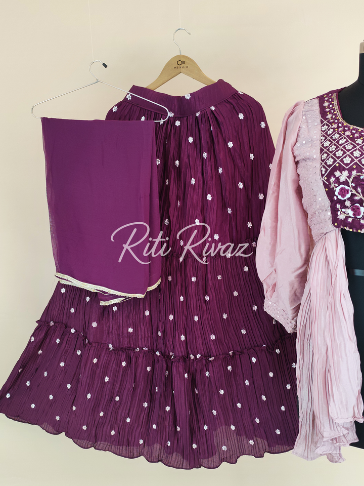 Dark Pink Chinon Fabric With Real Handwork, Khalti work Crop-Top with Lehenga and Dupatta For Women, Women Crop-Top, Fancy Crop-Top