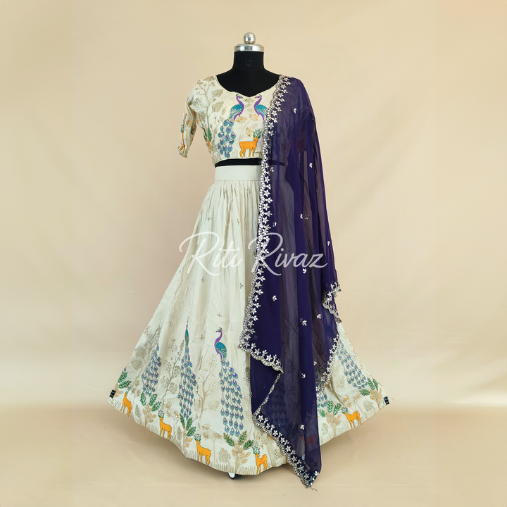 Stylish Off-White Color Pure Tissue Silk Heavy Thread and Sequence Work Ready To Wear Lehenga Choli, Animal Print, Festive look, Traditional