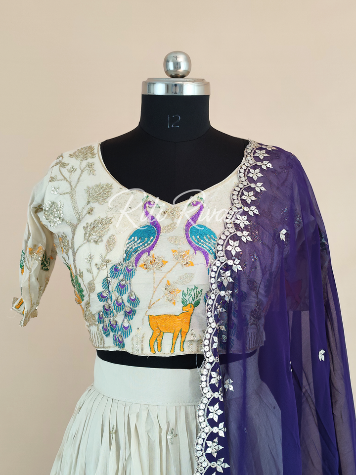 Stylish Off-White Color Pure Tissue Silk Heavy Thread and Sequence Work Ready To Wear Lehenga Choli, Animal Print, Festive look, Traditional