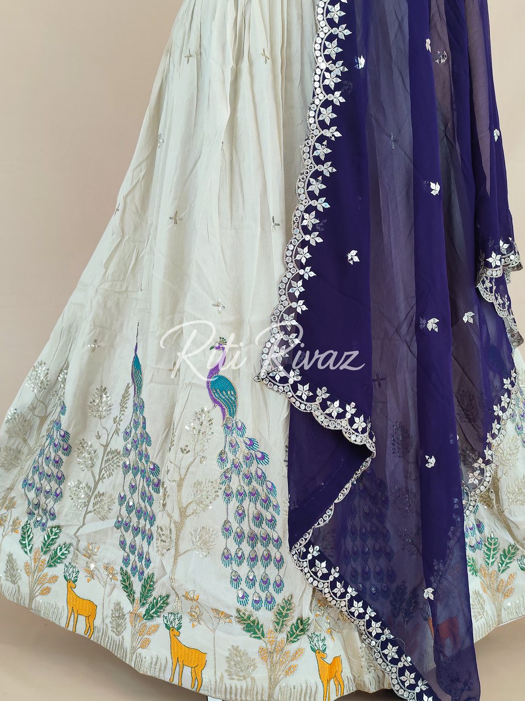 Stylish Off-White Color Pure Tissue Silk Heavy Thread and Sequence Work Ready To Wear Lehenga Choli, Animal Print, Festive look, Traditional
