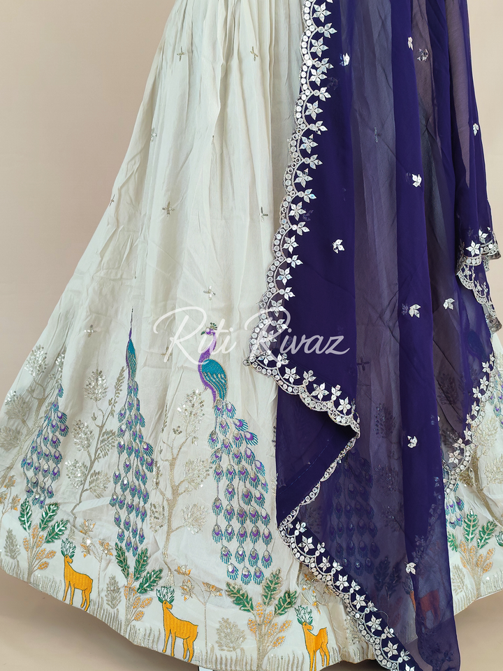 Stylish Off-White Color Pure Tissue Silk Heavy Thread and Sequence Work Ready To Wear Lehenga Choli, Animal Print, Festive look, Traditional
