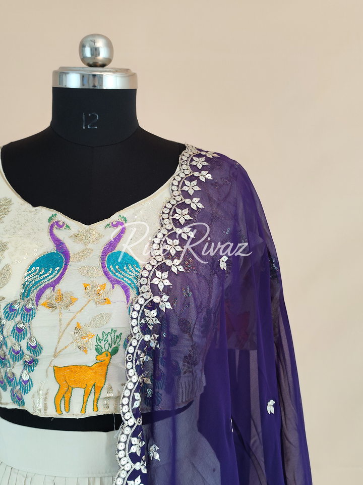Stylish Off-White Color Pure Tissue Silk Heavy Thread and Sequence Work Ready To Wear Lehenga Choli, Animal Print, Festive look, Traditional