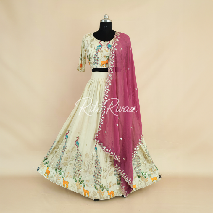 Stylish Off-White Color Pure Tissue Silk Heavy Thread and Sequence Work Ready To Wear Lehenga Choli, Animal Print, Festive look, Traditional