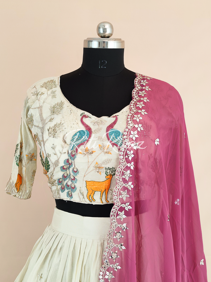 Stylish Off-White Color Pure Tissue Silk Heavy Thread and Sequence Work Ready To Wear Lehenga Choli, Animal Print, Festive look, Traditional