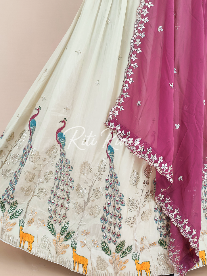Stylish Off-White Color Pure Tissue Silk Heavy Thread and Sequence Work Ready To Wear Lehenga Choli, Animal Print, Festive look, Traditional