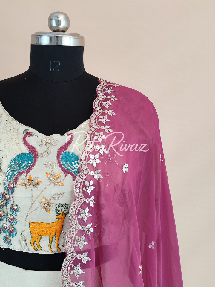 Stylish Off-White Color Pure Tissue Silk Heavy Thread and Sequence Work Ready To Wear Lehenga Choli, Animal Print, Festive look, Traditional
