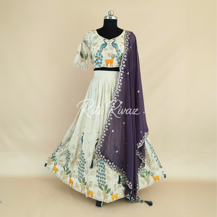 Decent Off-White Color Pure Tissue Silk Heavy Thread and Sequence Work Ready To Wear Lehenga Choli, Animal Print, Festive look, Traditional