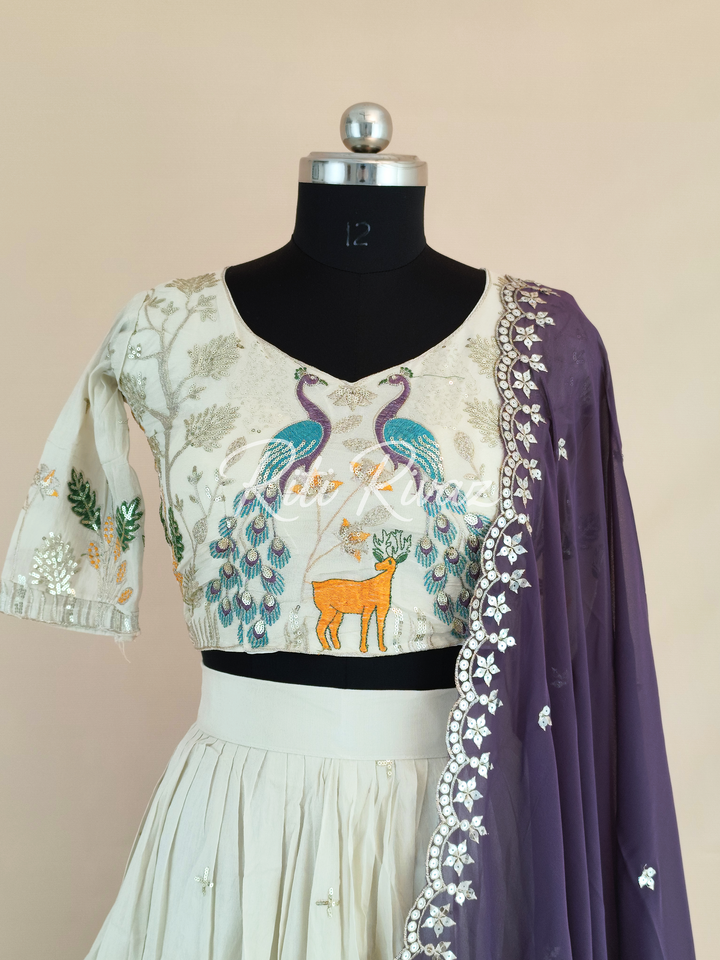 Decent Off-White Color Pure Tissue Silk Heavy Thread and Sequence Work Ready To Wear Lehenga Choli, Animal Print, Festive look, Traditional