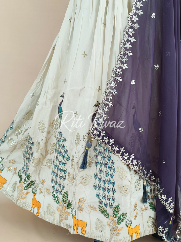 Decent Off-White Color Pure Tissue Silk Heavy Thread and Sequence Work Ready To Wear Lehenga Choli, Animal Print, Festive look, Traditional