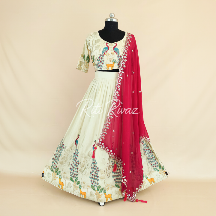 Majestic Off-White Color Pure Tissue Silk Heavy Thread and Sequence Work Ready To Wear Lehenga Choli, Animal Print, Festive look,Traditional