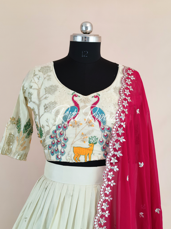 Majestic Off-White Color Pure Tissue Silk Heavy Thread and Sequence Work Ready To Wear Lehenga Choli, Animal Print, Festive look,Traditional
