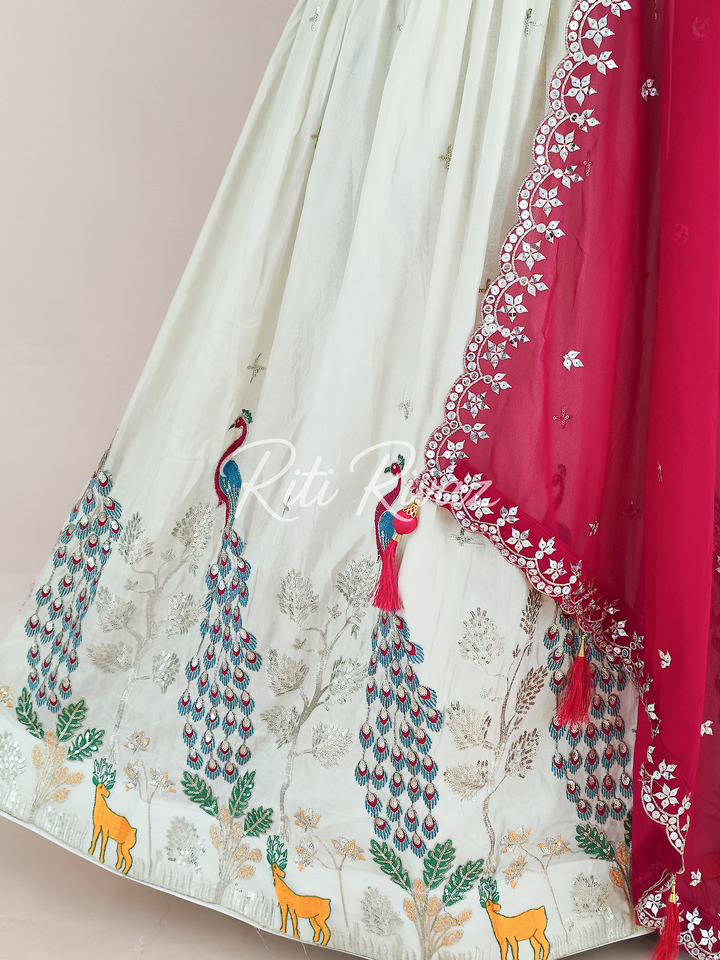 Majestic Off-White Color Pure Tissue Silk Heavy Thread and Sequence Work Ready To Wear Lehenga Choli, Animal Print, Festive look,Traditional
