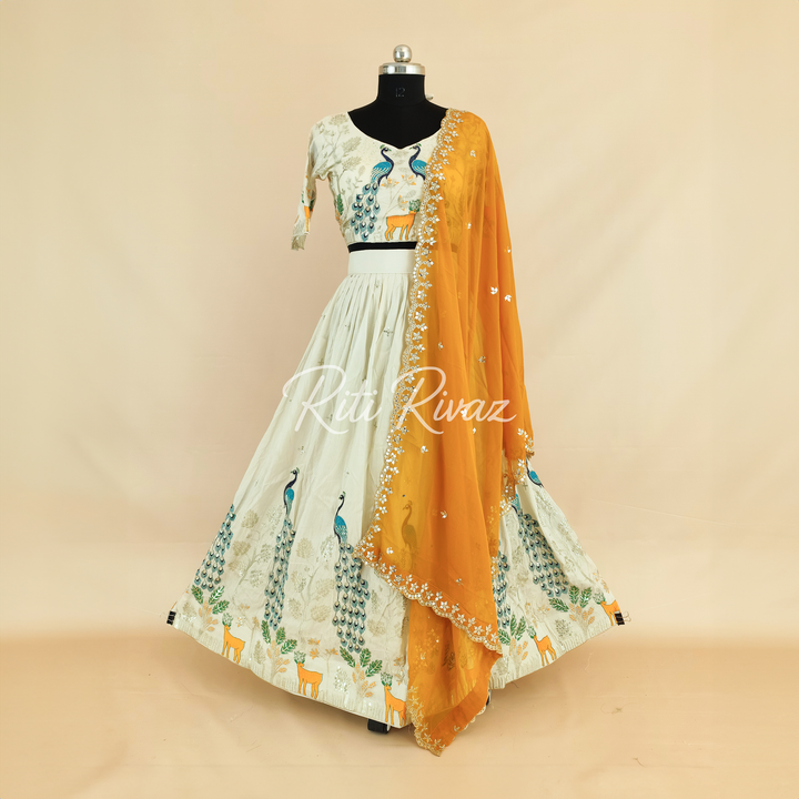 Stylish Off-White Color Pure Tissue Silk Heavy Thread and Sequence Work Ready To Wear Lehenga Choli, Animal Print, Festive look, Traditional