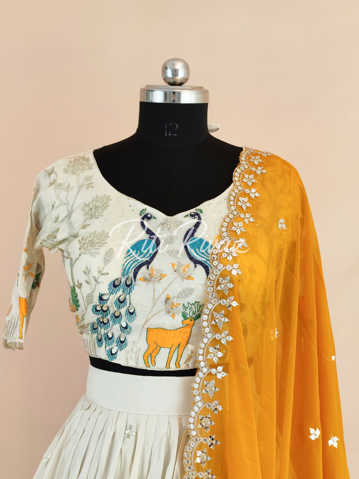 Stylish Off-White Color Pure Tissue Silk Heavy Thread and Sequence Work Ready To Wear Lehenga Choli, Animal Print, Festive look, Traditional