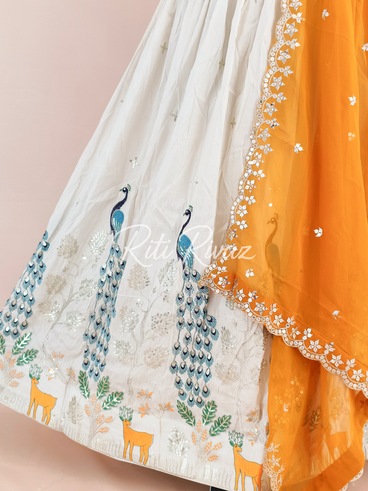Stylish Off-White Color Pure Tissue Silk Heavy Thread and Sequence Work Ready To Wear Lehenga Choli, Animal Print, Festive look, Traditional