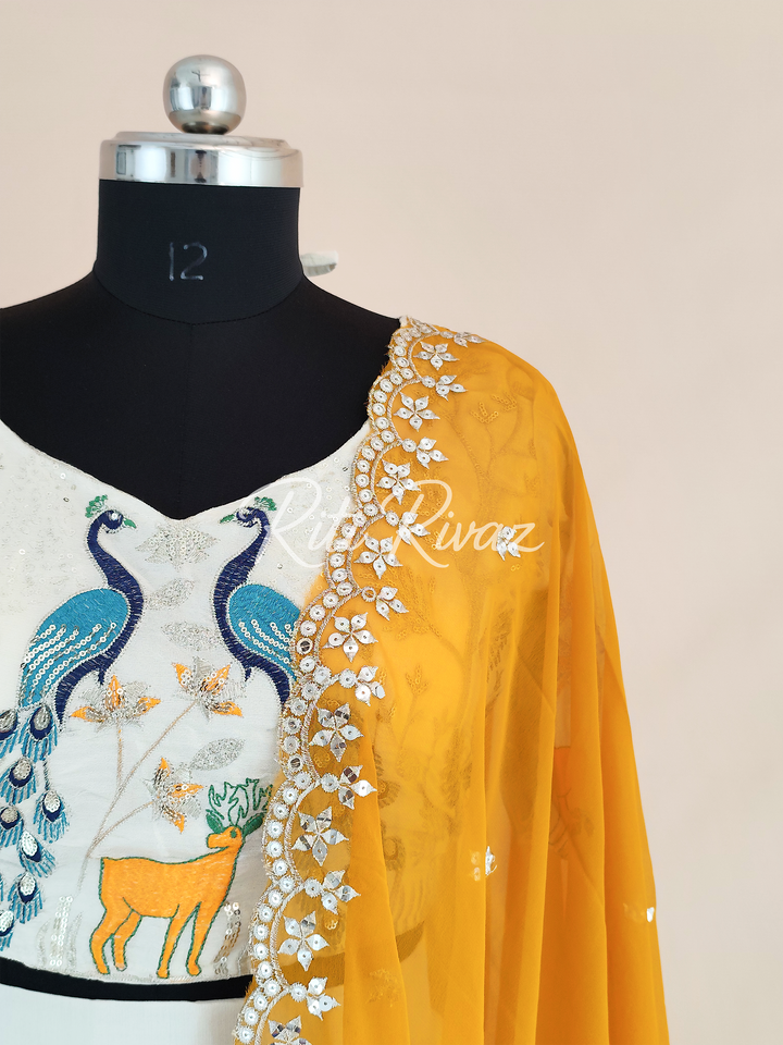 Stylish Off-White Color Pure Tissue Silk Heavy Thread and Sequence Work Ready To Wear Lehenga Choli, Animal Print, Festive look, Traditional