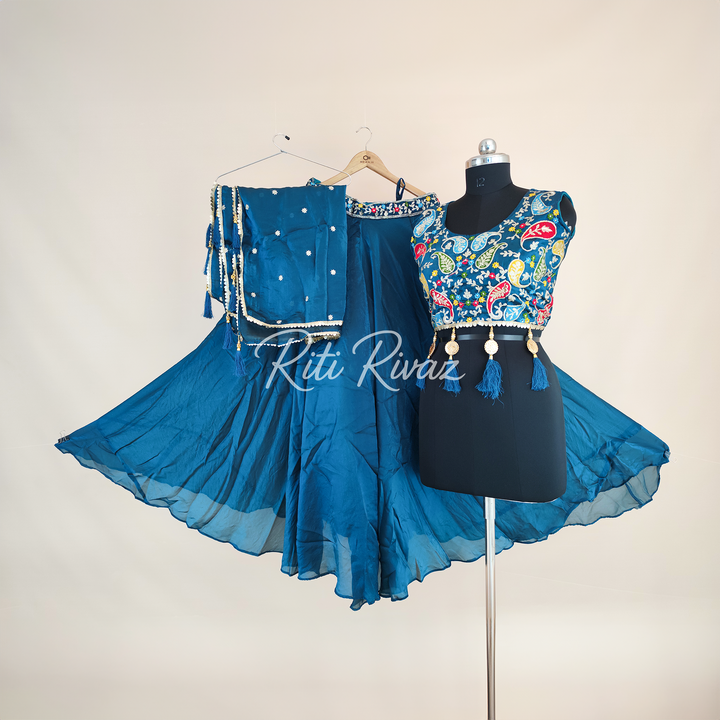 Teal Blue Color Fendy Fabric With Heavy Embroidery Thread And Sequence Work Choli With Fancy Latkan  Ready To Wear Lehenga Choli, Western