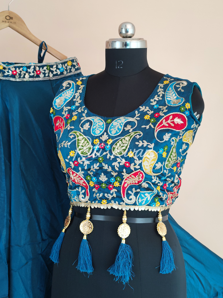 Teal Blue Color Fendy Fabric With Heavy Embroidery Thread And Sequence Work Choli With Fancy Latkan  Ready To Wear Lehenga Choli, Western