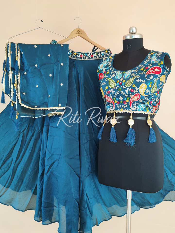 Teal Blue Color Fendy Fabric With Heavy Embroidery Thread And Sequence Work Choli With Fancy Latkan  Ready To Wear Lehenga Choli, Western