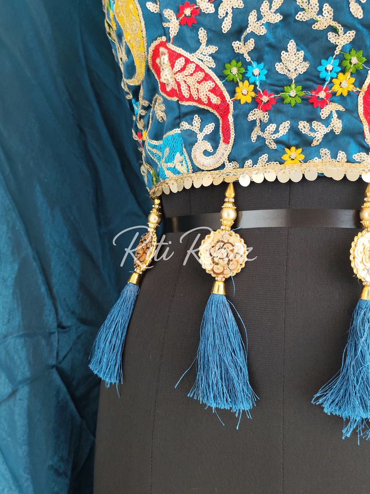 Teal Blue Color Fendy Fabric With Heavy Embroidery Thread And Sequence Work Choli With Fancy Latkan  Ready To Wear Lehenga Choli, Western