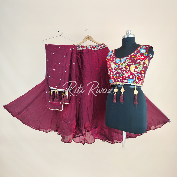 Maroon Color Fendy Fabric With Heavy Embroidery Thread And Sequence Work Choli With Fancy Latkan Ready To Wear Lehenga Choli, Western Shrug