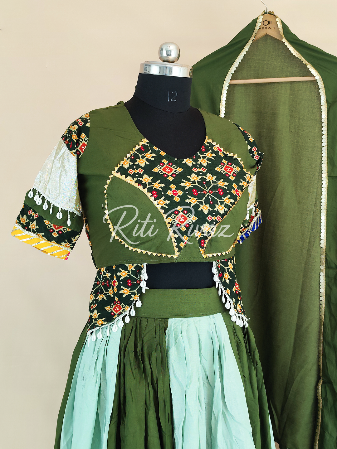 Festive Green Color Cotton Heavy Ribbion Work Ready to Wear Lehenga Choli, Garba Choli, Navratri Lehenga, Navratri Outfit, Navratri Wear