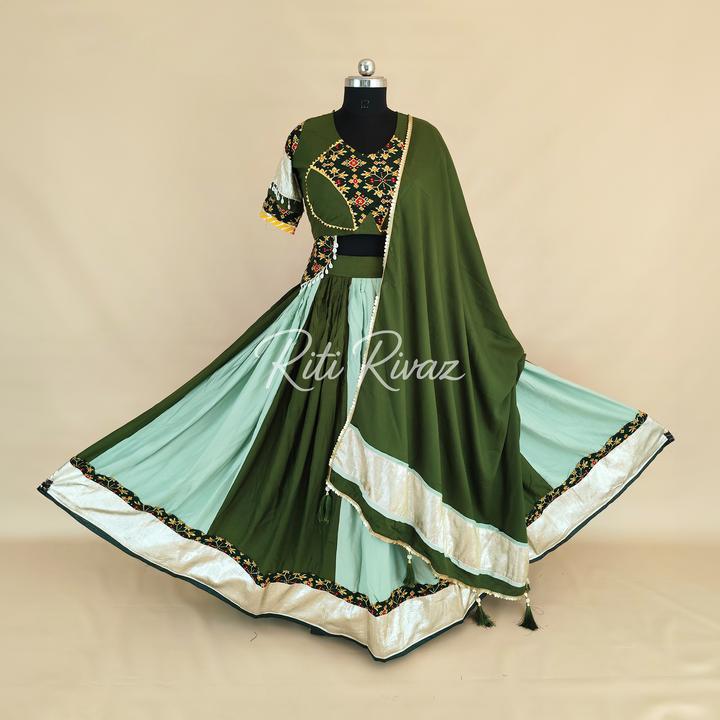 Festive Green Color Cotton Heavy Ribbion Work Ready to Wear Lehenga Choli, Garba Choli, Navratri Lehenga, Navratri Outfit, Navratri Wear