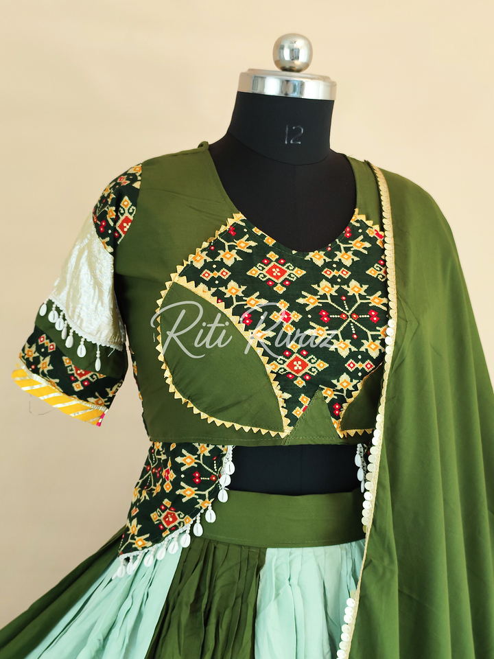 Festive Green Color Cotton Heavy Ribbion Work Ready to Wear Lehenga Choli, Garba Choli, Navratri Lehenga, Navratri Outfit, Navratri Wear