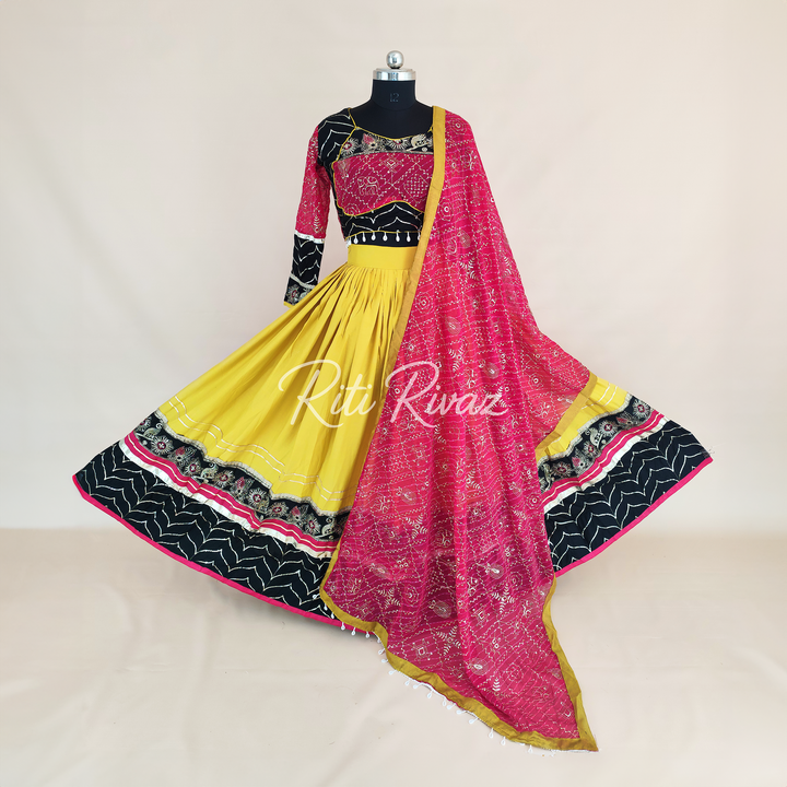 Awesome Yellow Color Riyon Cotton Embroidery Thread and Sequence Work Ready to Wear Lehenga Choli, Garba Choli, Navratri Lehenga, Outfit
