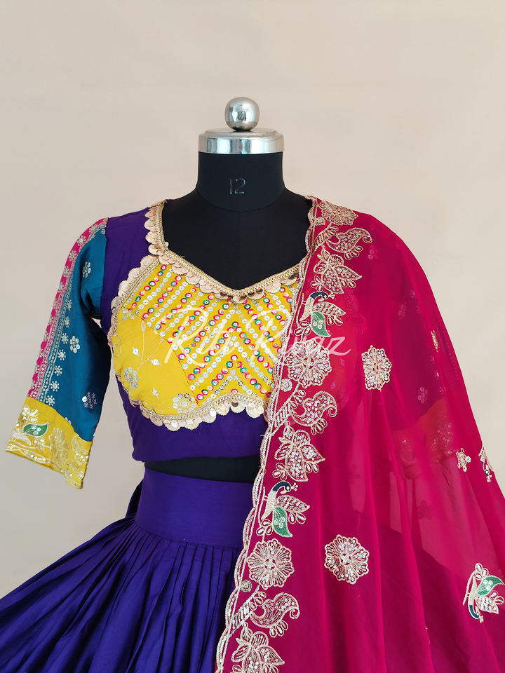 Stylish Purple Color Cotton Embroidery Thread and Sequence Work Ready to Wear Lehenga Choli, Garba Choli, Navratri Lehenga, Navratri Outfit