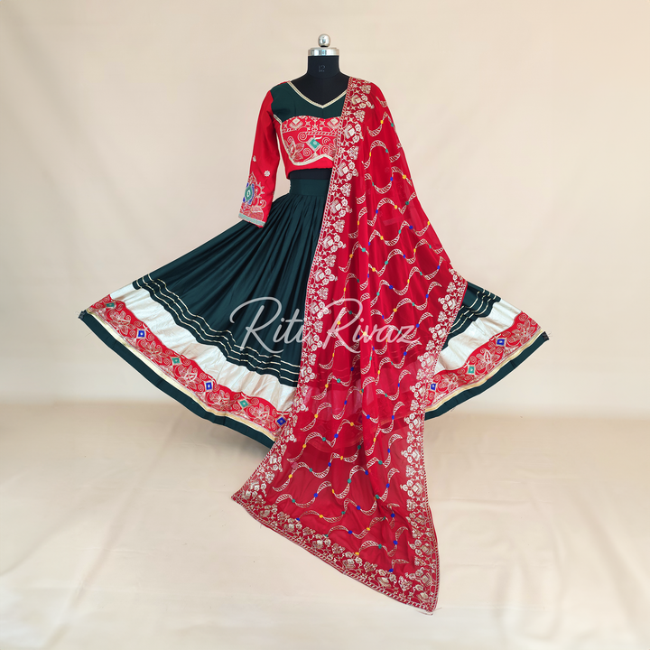 Dashing Green Color Cotton Embroidery Thread and Sequence Work Ready to Wear Lehenga Choli, Garba Choli, Navratri Lehenga, Black Lehenga