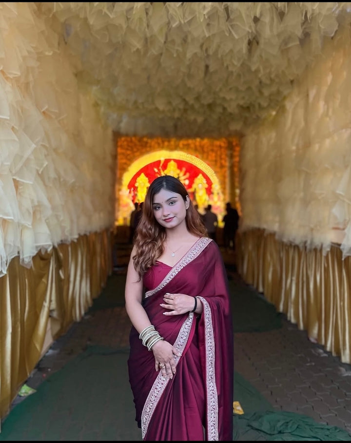 Maroon  Color Soft Chinnon Saree With Beautiful Unstitched Blouse Piece