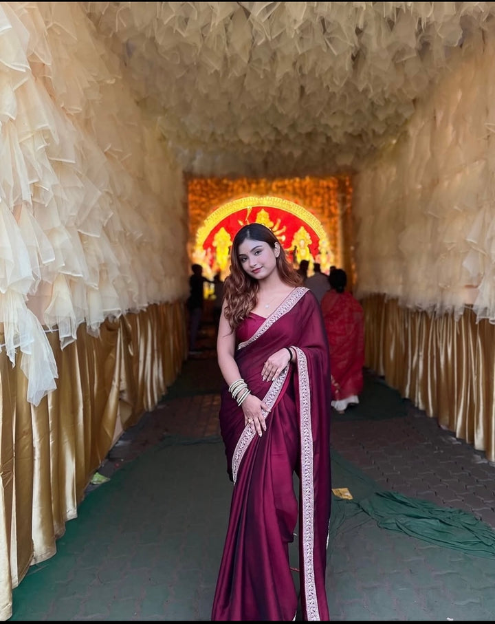 Maroon  Color Soft Chinnon Saree With Beautiful Unstitched Blouse Piece