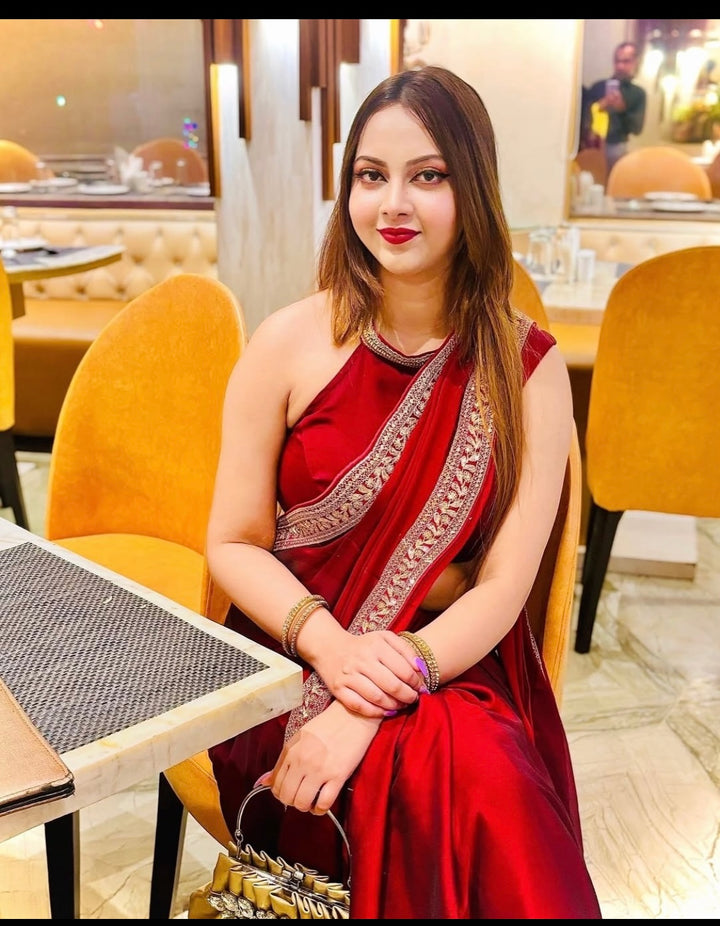 Red Color Soft Chinnon Saree With Beautiful Unstitched Blouse Piece