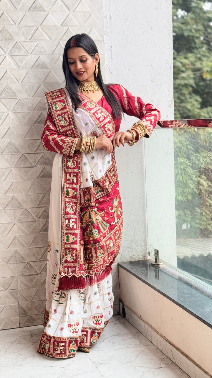 White Maroon Colour Swati Sharma Embroiderd Panter Patola Saree For Special Occasion