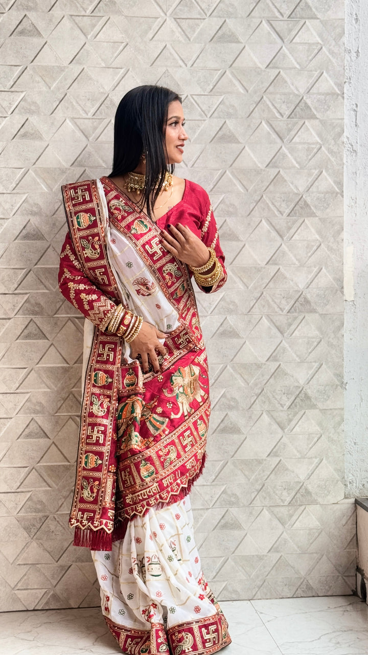 White Maroon Colour Swati Sharma Embroiderd Panter Patola Saree For Special Occasion
