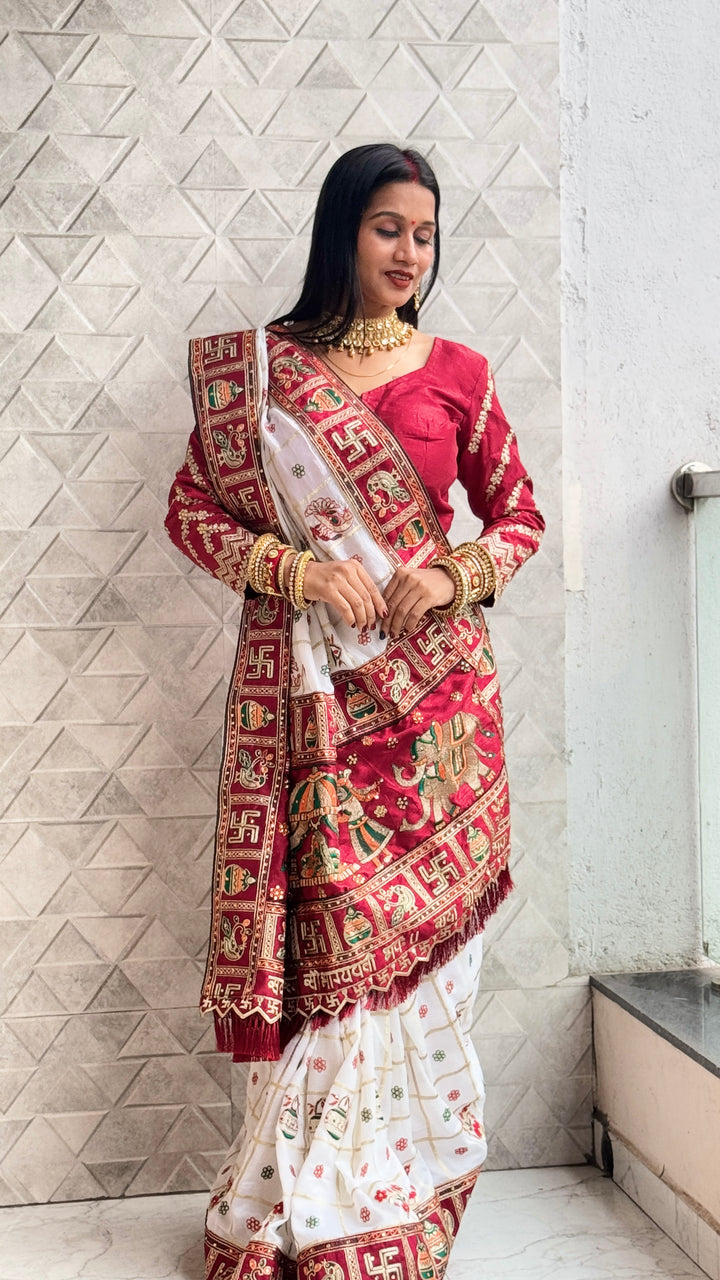 White Maroon Colour Swati Sharma Embroiderd Panter Patola Saree For Special Occasion