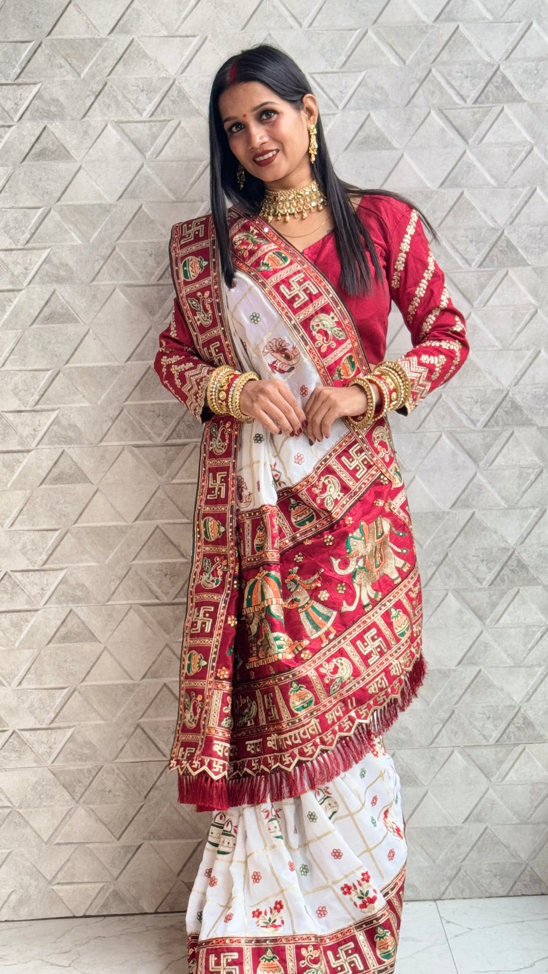 White Maroon Colour Swati Sharma Embroiderd Panter Patola Saree For Special Occasion