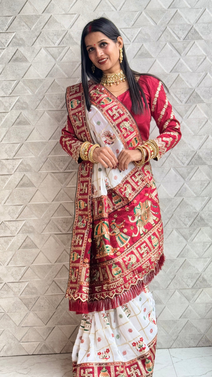 White Maroon Colour Swati Sharma Embroiderd Panter Patola Saree For Special Occasion