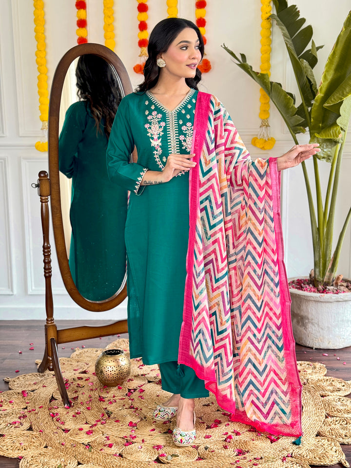 Green Color Viscose Chanderi Embroidery Kurti With Viscose Pant And Pure Linen Dupatta Set