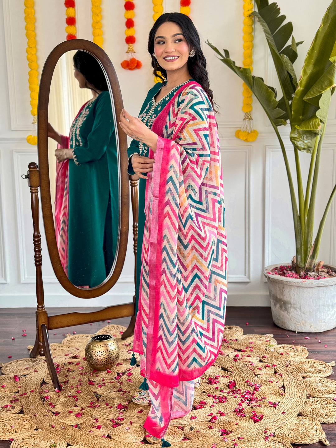 Green Color Viscose Chanderi Embroidery Kurti With Viscose Pant And Pure Linen Dupatta Set