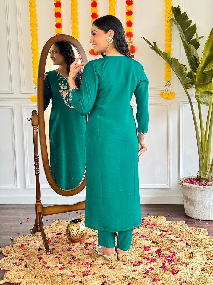 Green Color Viscose Chanderi Embroidery Kurti With Viscose Pant And Pure Linen Dupatta Set