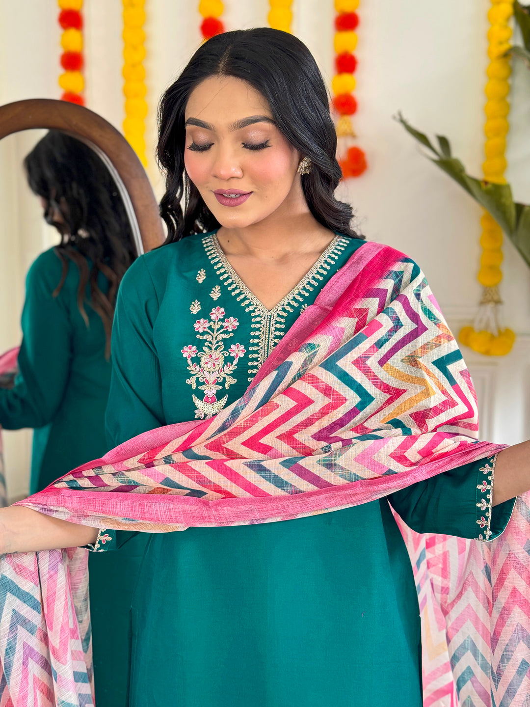 Green Color Viscose Chanderi Embroidery Kurti With Viscose Pant And Pure Linen Dupatta Set