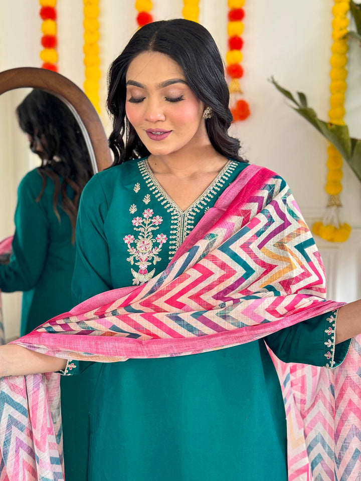 Green Color Viscose Chanderi Embroidery Kurti With Viscose Pant And Pure Linen Dupatta Set