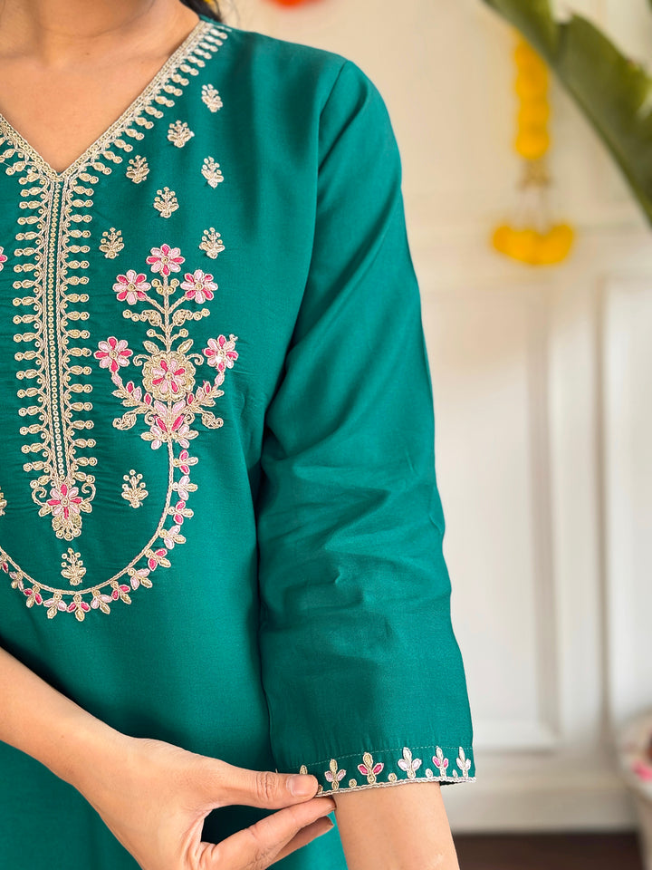 Green Color Viscose Chanderi Embroidery Kurti With Viscose Pant And Pure Linen Dupatta Set