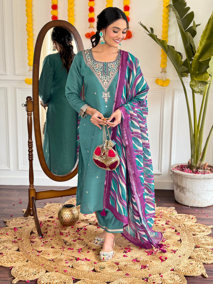 Teal Color Viscose Chanderi Embroidered Kurta with Pant And Dupatta Sets