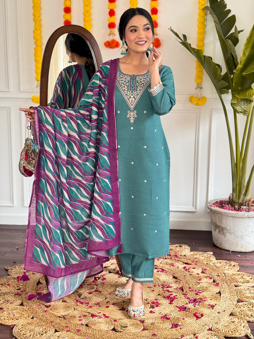 Teal Color Viscose Chanderi Embroidered Kurta with Pant And Dupatta Sets