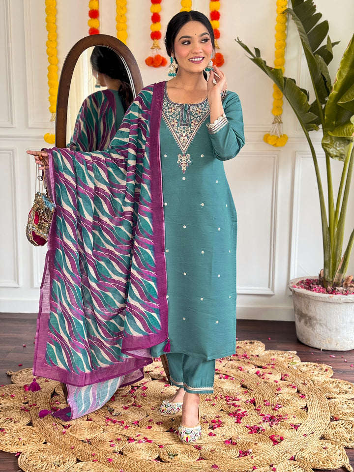 Teal Color Viscose Chanderi Embroidered Kurta with Pant And Dupatta Sets
