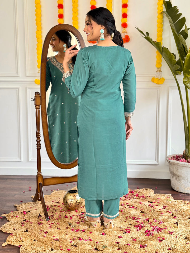 Teal Color Viscose Chanderi Embroidered Kurta with Pant And Dupatta Sets