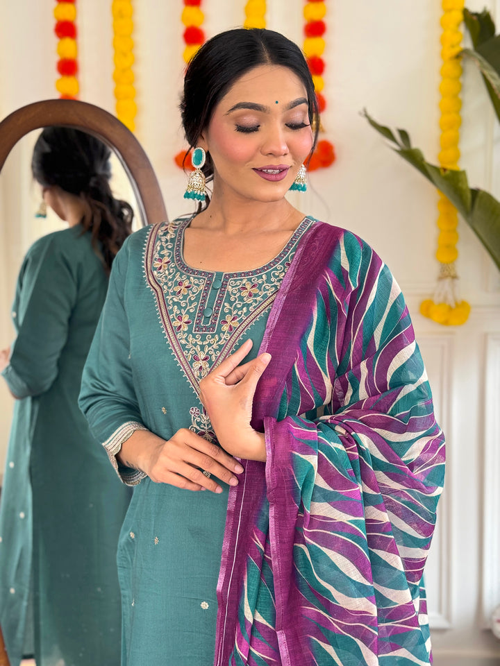 Teal Color Viscose Chanderi Embroidered Kurta with Pant And Dupatta Sets